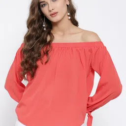 Sera Women Coral Pink Solid Bardot Top-picture-27