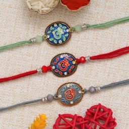 eCraftIndia Multicolor Semi Precious Om Religious Rakhis with Roli Chawal Pack - Set of 3-32