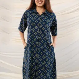The Indian Ethnic Co Indigo Straight Ajrakh Handblock Printed Cotton Dress-picture-30