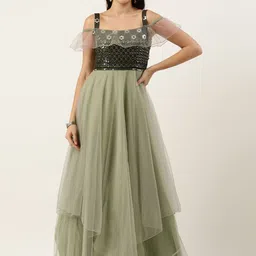 Ethnovog Green Embellished Net Layered Net Maxi Dress image 3