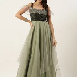 Ethnovog Green Embellished Net Layered Net Maxi Dress image 5
