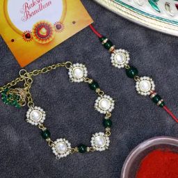 Karatcart Gold-Plated Green Beads Handmade Kundan Rakhi, Roli & Chawal for Bhai & Bhabi - Set of 2-27