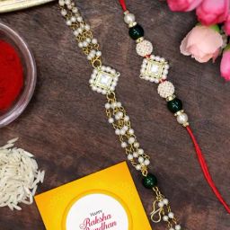 Karatcart Gold-Plated Green Pearl Beads Kundan Rakhi, Roli & Chawal for Bhai & Bhabi - Set of 2-11