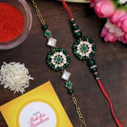 Karatcart Gold-Plated Green Beads Floral Kundan Rakhi, Roli & Chawal for Bhai & Bhabi - Set of 2-4