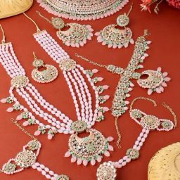 Zaveri Pearls Pink Green Bridal Kundan Necklace Earring Mathapatti Passa Hand Harness Set-ZPFK14838-image-52