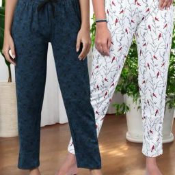 Kryptic Off White & Teal Cotton Relaxed Fit Printed Lounge Pants - Pack of 2-image-121