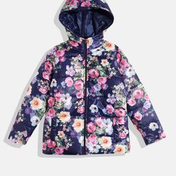 White Snow Girls Floral Printed Hooded Padded Jacket-image-12