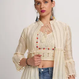 me Queen Floral Embroidered Mandarin Collar Tie-Ups Cotton Top With Jacket-image-88