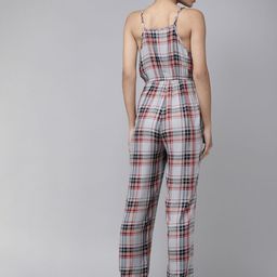 Roadster Grey & Red Shoulder Strap Checked Basic Jumpsuit With Waist Tie up image 2