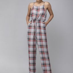Roadster Grey & Red Shoulder Strap Checked Basic Jumpsuit With Waist Tie up image 3
