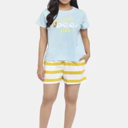 People by Pantaloons Blue & White Cotton Printed T-Shirt Shorts Set-picture-41