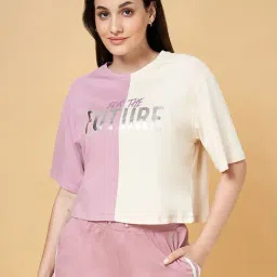 Ajile by Pantaloons Pink & Cream Cotton Graphic Print Sports T-Shirt-image-47