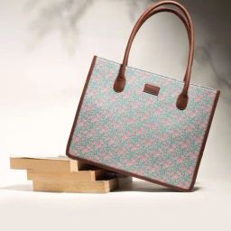 ZOUK Chettinad Florals Book Blue And Pink Printed Tote Handbag-1