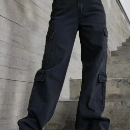 Broadstar Black Denim Relaxed Fit High Rise Cargo Jeans-image-127