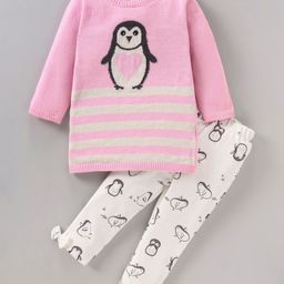 ToffyHouse Full Sleeves Text Print Pre Winter Wear Top & Lounge Pant Penguin Print - Pink-image-10
