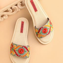 Earthy Touch Premium Slip On Ethnic Sandal - Beige Green-image-78