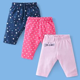 Babyhug Cotton Lycra Three Fourth Length Leggings Star Print Pack Of 3 - Blue & Pink-image-129