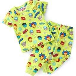 Babyhug Marvel Cotton Knit Half Sleeves Night Suit With Avengers Print - Green-image-25