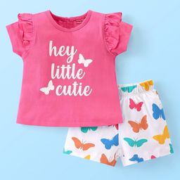 Babyhug Cotton Knit Half Sleeves Night Suit With Butterfly Print & Frill Detailing - Pink-image-92