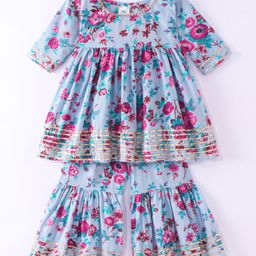 Teentaare Cotton Woven Three Fourth Sleeves Kurta & Sharara Set Floral Print - Multicolour-image-33