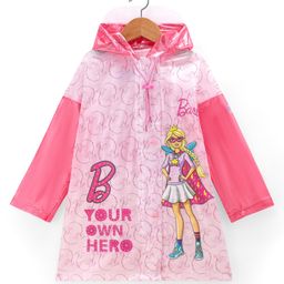 Babyhug Full Sleeves Below Knee Length Raincoat Barbie Print - Pink-image-57