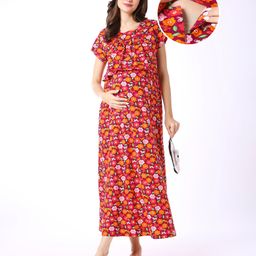 Bella Mama 100% Cotton Knit Half Sleeves Concealed Zipper Nursing Nighty  with Pockets & Floral Print - Wine-picture-9