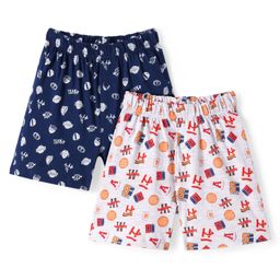 Honeyhap Premium 100% Cotton Knit Boxers with Sports Theme Print Pack of 2 - White Melnage & Navy Peony-image-94