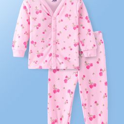 Doodle Poodle Cotton Knit Full Sleeves Front Open Floral Printed Thermal Vest & Leggings - Pink-image-88
