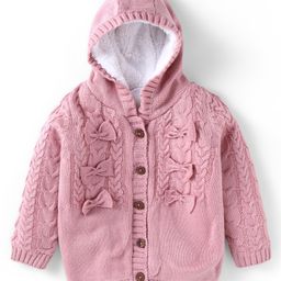 Babyhug Knitted Full Sleeves Front Open Hooded Sweater with Bow Applique & Cable Knit Design - Pink-image-68