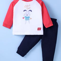 Zero Sinker Knit Full Raglan Sleeves T-Shirt & Lounge Pants Set with Text Print - Red-picture-10