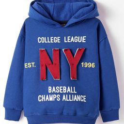 Little Kangaroos Fleece Knit Full Drop Shoulder Sleeves Hooded Sweatshirt with Text Print - Royal Blue-picture-28