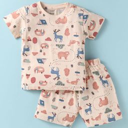 CUCUMBER Sinker Knit Half Sleeves Shorts Night Suit With Teddy Bear Print - Light Pink-image-99