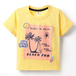 ToffyHouse Single Jersey Knit Half Sleeves T-Shirt with Beach Theme Print & Patch Detailing - Lemon-image-78