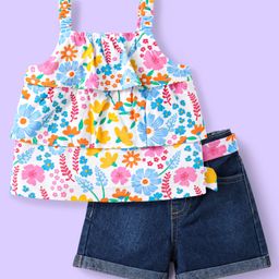 Babyhug Single Jersey Knit Sleeveless Top & Shorts Set with Floral Print - White & Blue-image-39