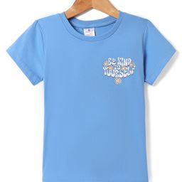 Smarty Girls Cotton Knit Half Sleeves Top with Floral & Love More Worry Less Text Print - Blue-picture-13