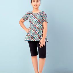 Aarika Half Sleeves Abstract Printed Frock Style Swimsuit - Green & Black-image-51