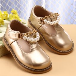 Babyoye Velcro Closure Formal Shoes with Pearls Applique - Golden-picture-14