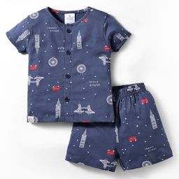 First Smile Sinker Knit Half Sleeves Shorts Co-Ord Night Suit With London Print - Navy Blue-image-56