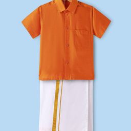 Babyhug Woven Half Sleeves Solid Shirt & Mundu Set - Orange-image-40