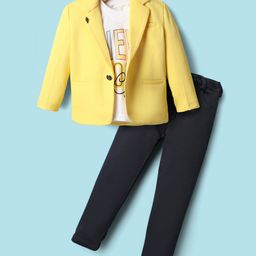 Rikidoos Full Sleeves Textured Blazer With New York City Text Printed Tee & Pant Set - Yellow & Navy Blue-image-31