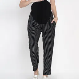 Mine4Nine Rayon Woven Striped Maternity Trouser - Black-picture-3