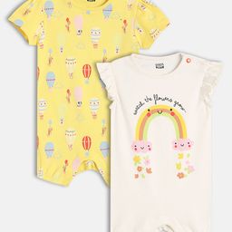 MINI KLUB Cotton Knit Pack Of 2 Half Sleeves Dogs & Rainbow Printed Rompers - Yellow & Pink-image-12