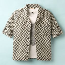 Rikidoos Full Sleeves Abstract Embroidered Shirt With Inner Tee - Black & White-picture-49