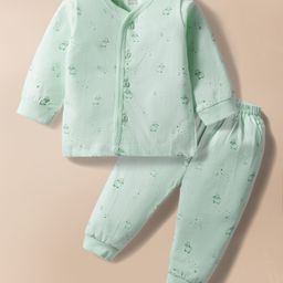 Zero Sinker Knit Full Sleeves Night Suit with Animal Print - Sea Green-picture-2