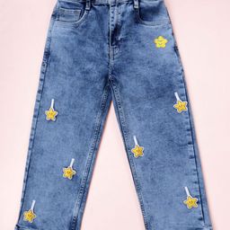 Kiddopanti Denim Woven Yellow Stars Straight Fit Solid Jeans - Blue-image-5