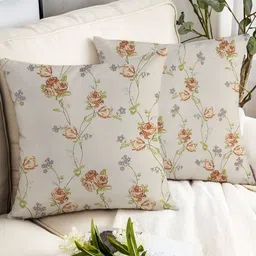IVAZA Off White & Brown Set of 2 Floral Square Cushion Covers-27