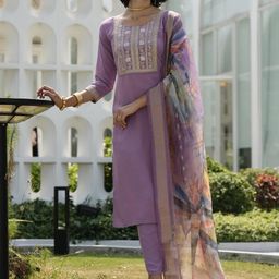 ZIRVI Women Lavender Embroidered Straight Kurta Set with Printed Organza Dupatta-picture-51