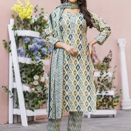 HERE&NOW Ethnic Motifs Printed Notch Neck Straight Kurta With Trouser And Dupatta-18