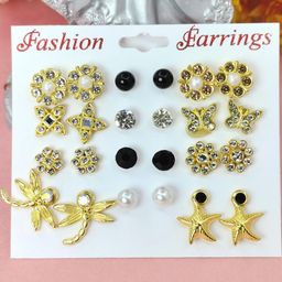 NAVJAI Set of 12 Gold-Plated Metal American Diamond Earrings-image-73