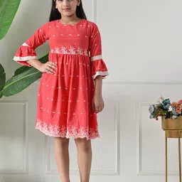 Bella Moda Girls Cotton Floral Embroidered Bell Sleeve Fit & Flare Dress-image-43